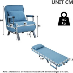 Fauteuil Chauffeuse Canapé-lit Convertible 1 Place Déhoussable Avec Confort Coussin Pieds Accoudoirs Métal 6 Positions 150kg Bleu -VIDAXL || Songmics Soldes 52968125 5