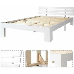 Lit Double Pour Adulte Avec Tête De Lit, Couchage 140 X 200 Cm 2 Places / 2 Personnes, En Bois Pin Massif Blanc -VIDAXL || Songmics Soldes 52968138 3