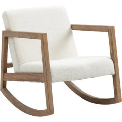 HOMCOM Fauteuil Lounge à Bascule - Assise Profonde, Dossier Incliné - Revêtement Effet Peau De Mouton Polyester Crème - Accoudoirs, Structure Bois Hévéa