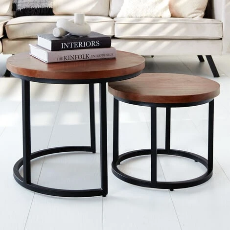 Rosa Table Basse Industrielle Ronde Ø53 / 43 Cm - Bois Massif Set De 2 3 Rosa Table Basse Industrielle Ronde Ø53 / 43 Cm - Bois Massif Set De 2