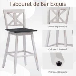 COSTWAY Lot De 2 Tabourets De Bar, Chaise De Bar Pivotant à 360° En Bois D'Hévéa Avec Dossier Et Repose-Pieds, Pour Salon, Restaurant, Bar (51 X 51 X 109 Cm) -VIDAXL || Songmics Soldes 54122638 3