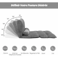 COSTWAY Canapé-lit Paresseux Pliable, Canapé De Sol Réglable 90°-180° à 6 Positions Avec 2 Oreillers Gris -VIDAXL || Songmics Soldes 55465225 5