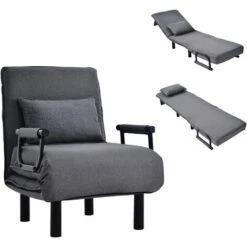 Fauteuil-lit Convertible, Fauteuil Pliant Avec Coussin, Siège Rembourré, Chaise Longue De Loisirs Pour Maison, Bureau, Gris