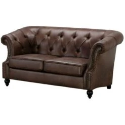 Canapé 2 Places Chesterfield AQUITAINE En Microfibre Aspect Cuir Vieilli - Marron