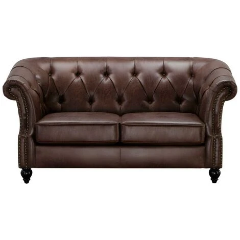 Canapé 2 Places Chesterfield AQUITAINE En Microfibre Aspect Cuir Vieilli - Marron 4 Canapé 2 Places Chesterfield AQUITAINE En Microfibre Aspect Cuir Vieilli - Marron – Image 2