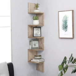 Etagère D'angle Bois Etagère Murale Couleur Chêne Etagère Meuble D'angle Suspendue -VIDAXL || Songmics Soldes 57342343 4