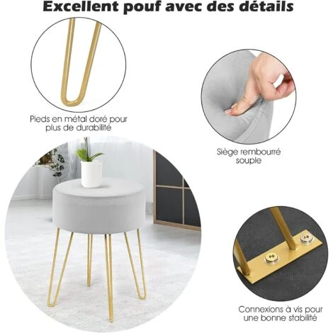 GOPLUS Repose-Pieds Rond Moderne En Velours, Siege De Coiffeuse Ottoman Avec Pieds En Metal Dore, Pour Salon, Chambre, Ø39 X 46 CM (Gris) 4 GOPLUS Repose-Pieds Rond Moderne En Velours, Siege De Coiffeuse Ottoman Avec Pieds En Metal Dore, Pour Salon, Chambre, Ø39 X 46 CM (Gris) – Image 2