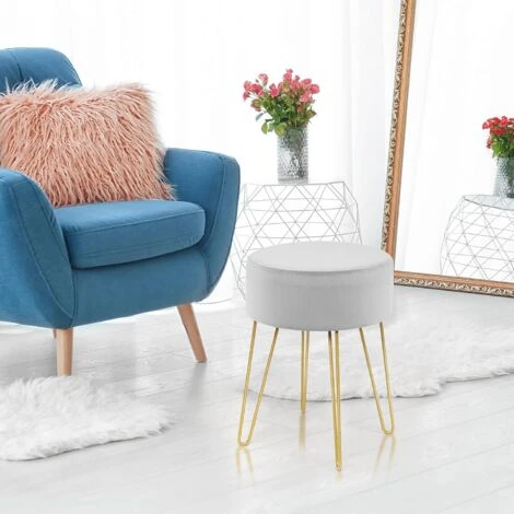 GOPLUS Repose-Pieds Rond Moderne En Velours, Siege De Coiffeuse Ottoman Avec Pieds En Metal Dore, Pour Salon, Chambre, Ø39 X 46 CM (Gris) 5 GOPLUS Repose-Pieds Rond Moderne En Velours, Siege De Coiffeuse Ottoman Avec Pieds En Metal Dore, Pour Salon, Chambre, Ø39 X 46 CM (Gris) – Image 3