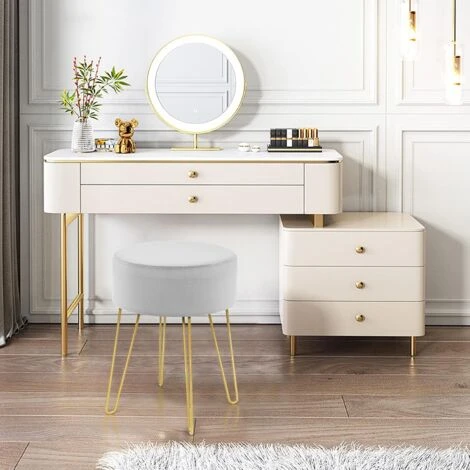 GOPLUS Repose-Pieds Rond Moderne En Velours, Siege De Coiffeuse Ottoman Avec Pieds En Metal Dore, Pour Salon, Chambre, Ø39 X 46 CM (Gris) 6 GOPLUS Repose-Pieds Rond Moderne En Velours, Siege De Coiffeuse Ottoman Avec Pieds En Metal Dore, Pour Salon, Chambre, Ø39 X 46 CM (Gris) – Image 4