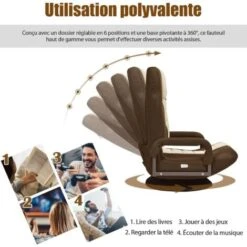 RELAX4LIFE Fauteuil Inclinables Pivotante à 360° Pliante Avec Accoudoirs, Chaise Rembourrée Inclinable En 5 Positions Pour Travailler, Jouer Idéal Pour Salon, Chambre, Bureau (Brun) -VIDAXL || Songmics Soldes 60464701 2