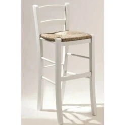 Tabouret En Bois Blanc Avec Assise En Paille 67 Cm De Hauteur Du Sol à  L'assise