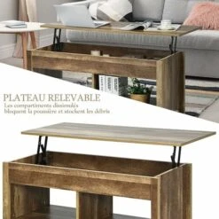 RELAX4LIFE Table De Salon Basse Avec Plateau Relevable, Table Basse Rectanculaire Avec Compartiment Caché Et 2 Étagères, Table Basse Moderne 4 Pieds En Bois(Style 2, Naturel) -VIDAXL || Songmics Soldes 64129603 3