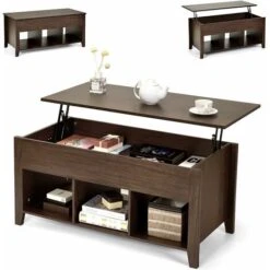 RELAX4LIFE Table Basse Avec Plateau Relevable, Table Basse De Salon Avec Compartiment Caché Et Étagères Ouvertes, Table De Salon Avec 4 Pieds En Bois, Pour Salon, Chambre (Style 4, Marron)