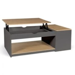 Table Basse Plateau Relevable ELEA Avec Coffre Bois Gris Et Façon Hêtre