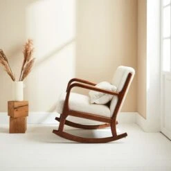 Fauteuil à Bascule Design En Bois Et Tissu. Bouclettes Blanches. Structure Hévéa Teinté Noyer Clair -VIDAXL || Songmics Soldes 65918031 3