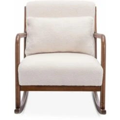 Fauteuil à Bascule Design En Bois Et Tissu. Bouclettes Blanches. Structure Hévéa Teinté Noyer Clair -VIDAXL || Songmics Soldes 65918031 4