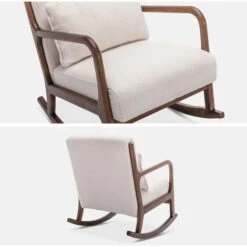 Fauteuil à Bascule Design En Bois Et Tissu. Bouclettes Blanches. Structure Hévéa Teinté Noyer Clair -VIDAXL || Songmics Soldes 65918031 5