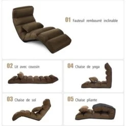 RELAX4LIFE Méridienne En Daim Réglable En 5 Positions 90°-180°et Oreiller, Chauffeuse 1 Place Convertible Rembourrée, Fauteuil Relaxant Au Sol Pour Bureau, Salon,Chambre, 175x55x20CM (Brun) -VIDAXL || Songmics Soldes 66993104 3