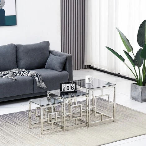 Lot De 3 Table Basse , Rangement Emboîtable Table De, Gris Verre Trempé Transparent, Carré, Jambe En Acier Inoxydable, Trois Tailles 3 Lot De 3 Table Basse , Rangement Emboîtable Table De, Gris Verre Trempé Transparent, Carré, Jambe En Acier Inoxydable, Trois Tailles