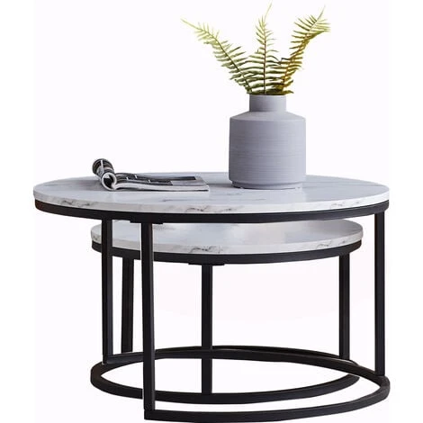 Table Basse Gigogne Ronde Moderne - Cadre En Métal, Panneau à Motif Marbré - Grande Table : 80 X 45 Cm, Petite Table : 60 X 33 Cm - Noir 6 Table Basse Gigogne Ronde Moderne - Cadre En Métal, Panneau à Motif Marbré - Grande Table : 80 X 45 Cm, Petite Table : 60 X 33 Cm - Noir – Image 4
