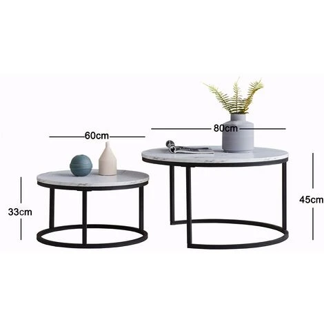 Table Basse Gigogne Ronde Moderne - Cadre En Métal, Panneau à Motif Marbré - Grande Table : 80 X 45 Cm, Petite Table : 60 X 33 Cm - Noir 7 Table Basse Gigogne Ronde Moderne - Cadre En Métal, Panneau à Motif Marbré - Grande Table : 80 X 45 Cm, Petite Table : 60 X 33 Cm - Noir – Image 5