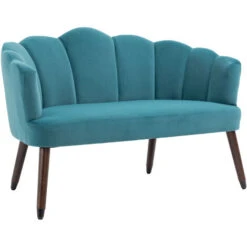 HOMCOM Canapé 2 Places Design Coquillage Piètement Effilé Bois D'hévéa Dossier Enveloppant Strié Aspect Velours Bleu Canard