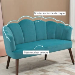 HOMCOM Canapé 2 Places Design Coquillage Piètement Effilé Bois D'hévéa Dossier Enveloppant Strié Aspect Velours Bleu Canard -VIDAXL || Songmics Soldes 70300256 4