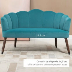 HOMCOM Canapé 2 Places Design Coquillage Piètement Effilé Bois D'hévéa Dossier Enveloppant Strié Aspect Velours Bleu Canard -VIDAXL || Songmics Soldes 70300256 5