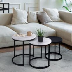 Lot De 3 Tables Basses Gigognes ALASKA Rondes 35/40/45 Effet Marbre Et Bois Noir Pied Métal -VIDAXL || Songmics Soldes 71058740 2