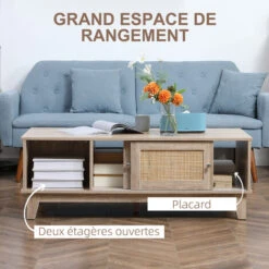 HOMCOM Table Basse Style Bohème Chic - 4 Portes Coulissantes, 2 Niches - Cannage En Rotin Panneaux Aspect Chêne Clair -VIDAXL || Songmics Soldes 71059966 4