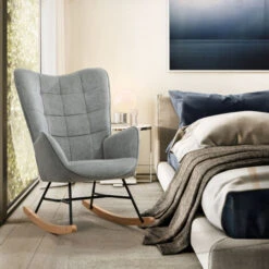 MEUBLES COSY Chaise à Bascule Avec Revêtement En Tissu Gris, Cadre De Dossier En Métal, Siège En Contreplaqué Et Pieds En Bois Naturel De Style Scandinave -VIDAXL || Songmics Soldes 72017890 3