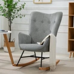 MEUBLES COSY Fauteuil à Bascule Confortable En Tissu Gris Avec Accoudoirs Et Dossier Rembourrés, Structure Enduite Noire Et Pieds En Bois De Hêtre Nature, Style Scandinave