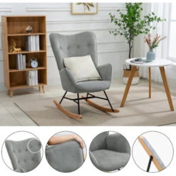 MEUBLES COSY Fauteuil à Bascule Confortable En Tissu Gris Avec Accoudoirs Et Dossier Rembourrés, Structure Enduite Noire Et Pieds En Bois De Hêtre Nature, Style Scandinave -VIDAXL || Songmics Soldes 72520742 3
