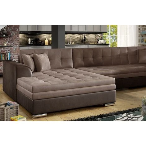 Canapé Panoramique Convertible - DAMIEN VELOURS - En Tissu Marron Clair Et Marron Foncé De Qualité, 7 Places, Méridienne à Gauche Et Angle à Droite (vu De Face) 5 Canapé Panoramique Convertible - DAMIEN VELOURS - En Tissu Marron Clair Et Marron Foncé De Qualité, 7 Places, Méridienne à Gauche Et Angle à Droite (vu De Face) – Image 3