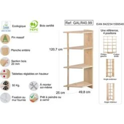 Etagère D'angle En Pin Brut Gala 4 Tablettes -VIDAXL || Songmics Soldes 7452898 3