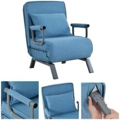 Fauteuil Convertible Canapé-lit Convertible 1 Place Avec Dossier Réglable, En Lin, Bleu -VIDAXL || Songmics Soldes 74804962 4
