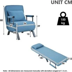 Fauteuil Convertible Canapé-lit Convertible 1 Place Avec Dossier Réglable, En Lin, Bleu -VIDAXL || Songmics Soldes 74804962 5