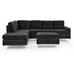 Canapé D'angle Réversible En Velours Noir Avec Pouf ANTALIA