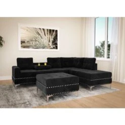 Canapé D'angle Réversible En Velours Noir Avec Pouf ANTALIA -VIDAXL || Songmics Soldes 75336833 4