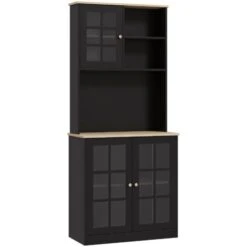 HOMCOM Armoire De Cuisine Multi-rangements 3 Portes Vitrine Verre Avec étagère 2 Niches Grand Plateau MDF Noir Chêne
