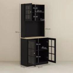HOMCOM Armoire De Cuisine Multi-rangements 3 Portes Vitrine Verre Avec étagère 2 Niches Grand Plateau MDF Noir Chêne -VIDAXL || Songmics Soldes 77695197 3