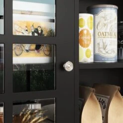 HOMCOM Armoire De Cuisine Multi-rangements 3 Portes Vitrine Verre Avec étagère 2 Niches Grand Plateau MDF Noir Chêne -VIDAXL || Songmics Soldes 77695197 4