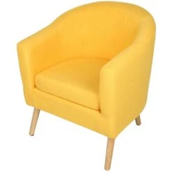 Fauteuil Scandinave En Tissu-Fauteuil Pieds Bois Hévéa Massif-Tissu Effet Feutrine 64*60*70cm Jaune