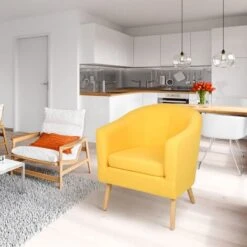 Fauteuil Scandinave En Tissu-Fauteuil Pieds Bois Hévéa Massif-Tissu Effet Feutrine 64*60*70cm Jaune -VIDAXL || Songmics Soldes 80872580 3