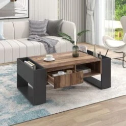 Table Basse Avec Tiroir, Table De Salon, Style Industriel, En Bois, Avec Grand Espace De Rangement, Marron Rustique Et Noir