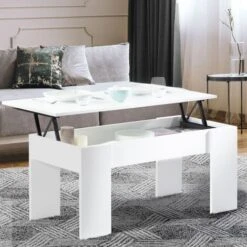 Table Basse Plateau Relevable TARA Bois Blanc -VIDAXL || Songmics Soldes 8355382 2