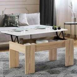 Table Basse Plateau Relevable TARA Bois Blanc Et Imitation Hêtre -VIDAXL || Songmics Soldes 8355383 2