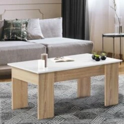 Table Basse Plateau Relevable TARA Bois Blanc Et Imitation Hêtre -VIDAXL || Songmics Soldes 8355383 3