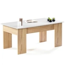 Table Basse Plateau Relevable TARA Bois Blanc Et Imitation Hêtre -VIDAXL || Songmics Soldes 8355383 4