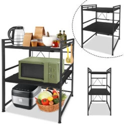 AUFUN 3 Niveaux Étagère à Micro-Ondes Extensible Avec 3 Crochets De Suspension, Espace De Rangement Pour Comptoir De Cuisine, (44-60 Cm, Noir)